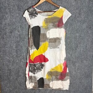 Terzo Millennio Italy Linen Abstract Brushstroke Print Shift Dress Cap Sleeve S
